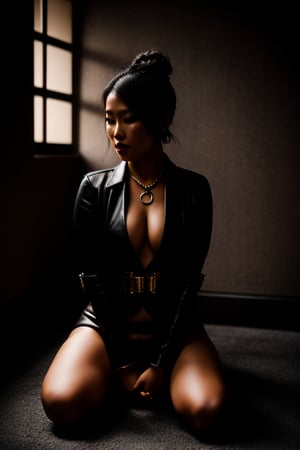 A sultry submissive beautiful Asian woman kneels in a dimly lit luxury suite, bathed in a strong light spot from above that highlights every curve. She's framed by the spotlight, her raven-black hair bun forming a halo around her face. Dark brown eyes gaze intensely into the distance, sharp as daggers. A slave collar adorns her neck and (((leather handcuffs bind her hands))), awaiting commands. The spotlight casts a dramatic glow on her straight posture and visibly restrained limbs against the dark backdrop. Shadows of people loom nearby, but she remains unaware of their presence.