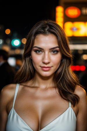 A well lit candid closeup street photograph of a normal, yet beautiful Russian woman posing in the club
