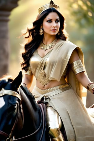 In a majestic, golden-lit framing, the regal Indian Queen stands tall on her horse, her stern expression commanding respect. Her long, black locks cascade down, framing ethereal features: piercing brown eyes, sharp facial contours, and a resolute jawline. The ancient spear's sturdy base rests against her leg, while full-armor, black boots, and bare legs exude power and vulnerability. Her 19-year-old form radiates an otherworldly allure, as if chiseled by the gods themselves. Soft, warm light illuminates her features, while a subtle misty haze surrounds her, emphasizing her divine presence. (((side-view)))