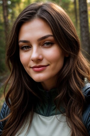 a perfect well-lit (closeup:1.15) (medium shot portrait:0.6) photograph of a beautiful Russian woman standing on the hiking trail, wearing an intriguing outfit, looking at me, coy slight smile
