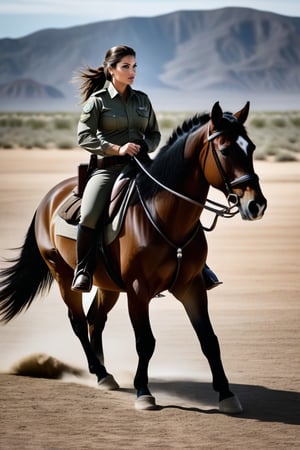 A woman astride a majestic horse, standing outdoors on a vast dirt range, practices shooting while facing away from the camera. Her long brown hair tied back in a ponytail and khaki army attire with black text on the back of her shirt and gray tactical pants with a black belt featuring a carabiner, exude a sense of military discipline. The focus is sharply trained on her posterior as she holds the pistol, aiming at a target in the distance. Her hands are perfectly positioned, steady and firm, as if she's been doing this for years. The photorealistic detail captures every texture, from the horse's coat to the officer's tactical gear.  (((photorealism:1.4))), Nikon D5, 85mm, Insanely detailed and intricate
Super detailed
Hyperrealistic
National Geographic