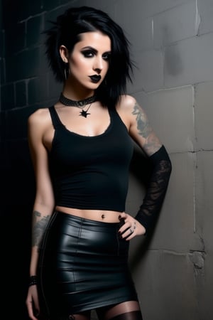 A moody studio setting bathes in warm lighting with subtle grain and texture, highlighting the goth woman's porcelain skin and raven hair against a distressed concrete wall. Her piercing eyes lock onto the camera, expression enigmatic, as she confidently stands before the dark backdrop. The tight tank top showcases her physique, emphasizing her navel piercing. A diagonal line formed by her body guides the viewer's gaze to her captivating expression, while the short pencil skirt and black stockings add a touch of sophistication.