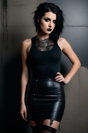 A moody studio setting bathes in warm lighting with subtle grain and texture, highlighting the goth woman's porcelain skin and raven hair against a distressed concrete wall. Her piercing eyes lock onto the camera, expression enigmatic, as she confidently stands before the dark backdrop. The tight tank top showcases her physique, emphasizing her navel piercing. A diagonal line formed by her body guides the viewer's gaze to her captivating expression, while the short pencil skirt and black stockings add a touch of sophistication.