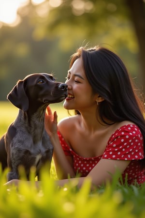 A warm sun casts a gentle glow over the lush green grass as a stunning young woman, her raven-black hair cascading down her back like a waterfall of night, lies serenely, surrounded by vibrant red polka dots on her dress. Her infectious laughter echoes through the park as she playfully interacts with her loyal German Pointer, his wet nose pressed against her smiling face. The tender moment captures the joy and contentment of their special bond.,wonder beauty