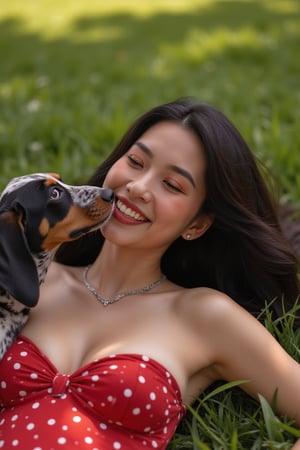 A warm sun casts a gentle glow over the lush green grass as a stunning young woman, her raven-black hair cascading down her back like a waterfall of night, lies serenely, surrounded by vibrant red polka dots on her dress. Her infectious laughter echoes through the park as she playfully interacts with her loyal German Pointer, his wet nose pressed against her smiling face. The tender moment captures the joy and contentment of their special bond.,wonder beauty