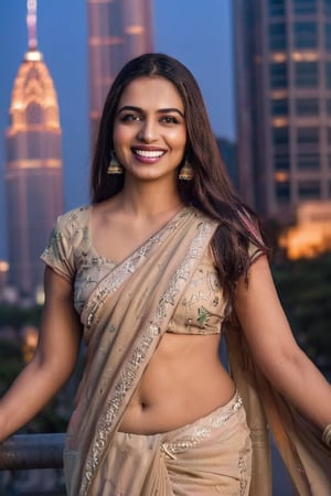 A sultry Indian woman poses confidently on a city street at dusk, surrounded by sleek skyscrapers and neon lights that cast a vibrant glow. Her traditional saree is draped in a sensual manner, showcasing her toned physique as she strikes a sassy pose. The camera captures every detail with stunning photorealism, the soft yet dramatic lighting accentuating her expressive face with smooth medium-tone skin. Her pearly white teeth gleam as she flashes a dazzling smile, her well-defined eyebrows framing large, dark eyes with luscious lashes that seem to gleam with mischief. Her long, straight brown hair cascades down her back like a waterfall of night, the cityscape providing a striking backdrop for this stunning beauty.