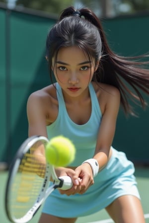 (((Photorealism:1.4))),black haired beauty, playing tennis, 
A young athletic woman with long black hair, wearing a light blue tennis uniform, is captured in the moment of hitting a powerful backhand. Her expression is one of intense focus, eyes locked on the ball as it makes contact perfectly in the center of her racket. The scene is dynamic, with her body in mid-motion, muscles engaged, showing the energy and precision of her movement. The tennis court is visible in the background, slightly blurred to emphasize the action."


 wonder beauty