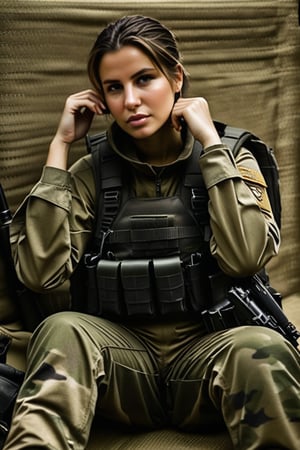 A woman is seated on a makeshift bed, appearing to be in a break area or resting spot. She is dressed in military fatigues, with her pants partially rolled up to reveal camouflaged knee pads. She wears sturdy brown combat boots. In her hands, she holds a rifle casually, with the strap draped over her shoulder. Her expression is thoughtful, with one hand resting under her chin. Around her, there are a few items including a tool, backpack.,(((photorealism:1.4))),(((perfect hands:1.4)))