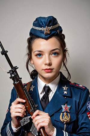 1girl, solo, black hair, wearing a military uniform and garrison cap, holding a bolt action sniper rifle, with a star symbol and hammer and sickle, Soviet soldier, World War II, grinning, lifelike expression, ultra-realistic, 8k resolution, highly detailed, sharp features, clear skin texture, detailed eyes, natural lighting, perfect symmetry, (((photorealism:1.4))), (((ultra-realistic:1.4)))
