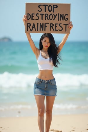 beautiful woman, black hair, standing on beach in short denim skirt, tanktop and bare feet, holding a sign over her head: "STOP DESTROYING RAINFOREST"  