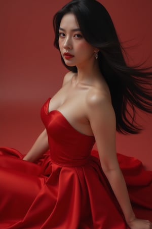 (((Photorealism:1.4))),black haired beauty, sexy red dress,  wonder beauty