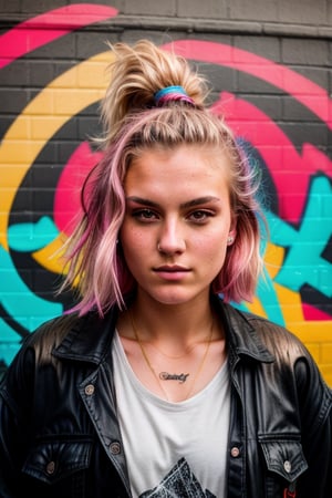 Dutch girl, 20 years old, upper body portrait, raw essence of a tattoed street style icon, drenched in rebellious energy, wearing oversized flannel shirt, vibrant graffiti as backdrop, edgy fashion, sense, confident gaze, colorful hair, light beams streaming through haze, Incredibly Sharp, Vividly Defined, tattoo
