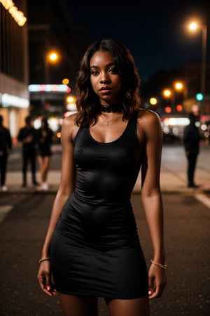 cinematic photo of slim 21-year-old black college girl wearing a tight dress, waiting in a busy street at night, shallow depth of field, highly detailed, bokeh, cinemascope, moody, epic, gorgeous, film grain, Taylour Page lookalike, 

