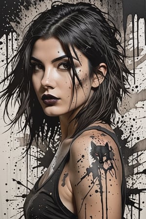 "girl with dark hair tousled bob" "wolf with scarred face" "ink splatter art"  | artistic, scars | hyperrealism | photorealistic | dark and edgy | faded | beautiful | elegant | volumetric lighting | dynamic lighting | all body