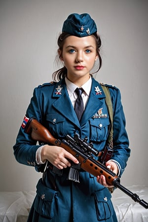 1girl, solo, black hair, wearing a military uniform and garrison cap, holding (((an authentic bolt action sniper rifle))), with a star symbol and hammer and sickle, Soviet soldier, World War II, grinning, lifelike expression, ultra-realistic, 8k resolution, highly detailed, sharp features, clear skin texture, detailed eyes, natural lighting, perfect symmetry, (((photorealism:1.4))), (((ultra-realistic:1.4)))
