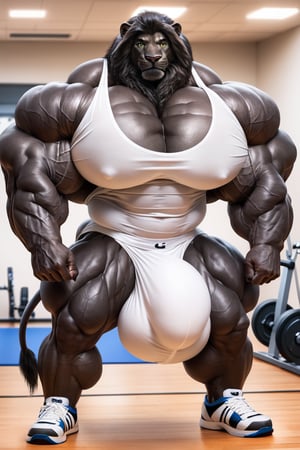 hyper realistic, photography, masterpiece, looking at viewer, detailed fur, (detailed eyes:1.2), detailed eyes, male, anthro, (black color lion, black lion, black skin body color), (hyper muscles, hyper pecs, thick arms, extremely huge muscles:1.3), (white tanktop, white underwear, huge bulge), (huge legs, thick thigs, quads, claves), (annoyed, bored), (gym background), full body