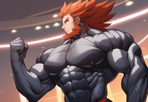 (perfect anatomy, perfect proportions, best quality, masterpiece, high_resolution, high quality, aesthetic, absurdres), , solo male, adult, mature, masculine, manly, handsome, charming, alluring, standing, upper body, dutch angle, 
(hyper muscles, hyper pecs, hyper muscles abdominal, hyper muscle shoulders, thick arms, extremely huge muscles:1.3), (gigantic muscles, gigantic body, gigantic pecs, thick arms, extremely massive muscles:1.3), (black underwear, black_thong, little bulge), (huge legs, thick thigs, quads, claves), (annoyed, bored), (smaller head, smallest head), (bodybuild gym, gym background, gym), (Lysandre's Face, Lysandre from Pokemon, Handsome Face), (Proportional Mouth), Black_hair_color, Little_Beard (Ginger Hair,Red Hair, Facial Hair, Beard, Spiked Hair, Big Hair, Fur Trim), oil skin, (huggymale), (Turn the body to the Side), (Stretch the muscle chests with all his Strength)