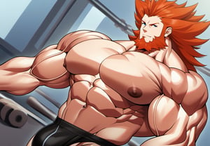 (perfect anatomy, perfect proportions, best quality, masterpiece, high_resolution, high quality, aesthetic, absurdres), , solo male, adult, mature, masculine, manly, handsome, charming, alluring, standing, upper body, dutch angle, 
(hyper muscles, hyper pecs, hyper muscles abdominal, hyper muscle shoulders, thick arms, extremely huge muscles:1.3), (gigantic muscles, gigantic body, gigantic pecs, thick arms, extremely massive muscles:1.3), (black underwear, black_thong, little bulge), (huge legs, thick thigs, quads, claves), (annoyed, bored), (smaller head, smallest head), (bodybuild gym, gym background, gym), (Lysandre's Face, Lysandre from Pokemon, Handsome Face), (Proportional Mouth), Black_hair_color, Little_Beard, oil skin, (huggymale), (Turn the body to the Side), (Stretch the muscle chests with all his Strength)