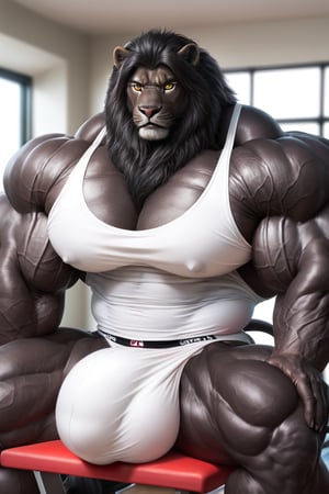 hyper realistic, photography, masterpiece, looking at viewer, detailed fur, (detailed eyes:1.2), detailed eyes, male, anthro, (black color lion, black lion, black skin body color), (hyper muscles, hyper pecs, thick arms, extremely huge muscles:1.3), (white tanktop, white underwear, huge bulge), (huge legs, thick thigs, quads, claves), (annoyed, bored), (gym background)