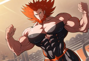 (perfect anatomy, perfect proportions, best quality, masterpiece, high_resolution, high quality, aesthetic, absurdres), , solo male, adult, mature, masculine, manly, handsome, charming, alluring, standing, upper body, dutch angle, 
(hyper muscles, hyper pecs, hyper muscles abdominal, hyper muscle shoulders, thick arms, extremely huge muscles:1.3), (gigantic muscles, gigantic body, gigantic pecs, thick arms, extremely massive muscles:1.3), (black_thong, little bulge), (huge legs, thick thigs, quads, claves), (annoyed, bored), (smaller head, smallest head), (bodybuild gym, gym background, gym), (Lysandre's Face, Lysandre from Pokemon, Handsome Face), (Proportional Mouth), Little_Beard, oil skin, (huggymale), (Turn the body to the Side), (Stretch the muscle chests with all his Strength), (Ginger Hair, Red Hair, Facial Hair, Beard, Spiked Hair, Big Hair, Black Jacket, Fur Trim)