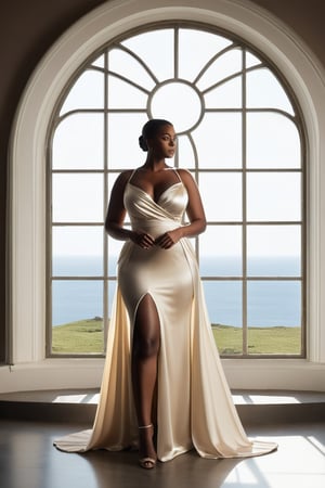 A wonderful lady with a little sexapel, in a noble ivory-coloured satin dress. She is standing in front of a large circular mullioned window, the bright light shining in from outside is so strong that the landscape is only visible as a silhouette.  pose like model, looking into camera, full body, Chubby, curvy, wide hips, smooth soft skin, perfect features, perfect features, photo, extreme details, saggy boobs, no_bra, full body, Detailed Art, symmetrical, soft lighting, detailed face, looking into camera, perfect features, photo, extreme detail