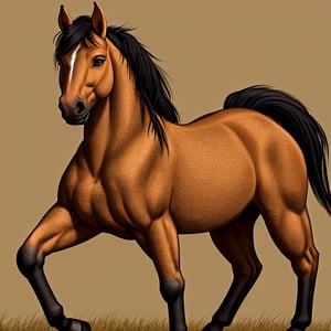 , 1horse, buckskin coloured horse with a black mane without white spots with a dark brown nose, a black tail, and brown eyes, (best quality, masterpiece),