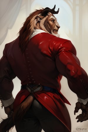 (by Darkgem, by Oouna, by honovy, By TheBigSlick, By phinnherz), male, beast (disney), solo, rear view, clothed, clothing, wearing victorian suit, suit, fancy, bottomwear, muscular, horn, tail, lion tail