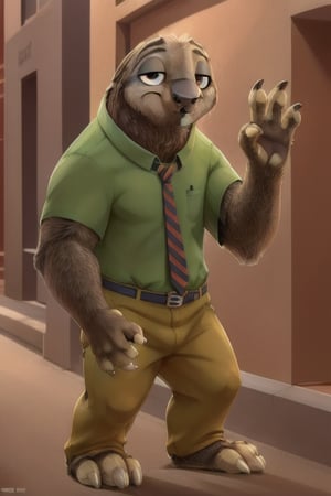 score_9, score_8_up, score_7_up BREAK handsome, upper body, furry flash, sloth, anthro, solo, zootopia, male, four fingers, three toes, white claws, green shirt, striped necktie, khakis, belt, full body, standing, long claws, street