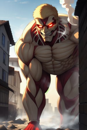 armored titan, muscular, giant, size ratio, short hair, blonde, building, teeth, armor on body, armor on face, light in eyes, steam and smoke, head to knees, red muscles , 