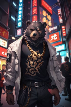 (by tojo the thief, by Darkgem, by Oouna, by honovy, By TheBigSlick, By phinnherz), bear, ursid, ben (zenless zone zero), explicit, anthro, male, solo, clothed, jacket, black shirt, topwear, bottomwear, streetwear, tokyo, street, neon lights, akihabara facial scar, chain, 