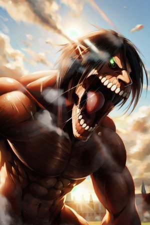 Attack_titan, full body, strong sunlight, teeth, mouth open