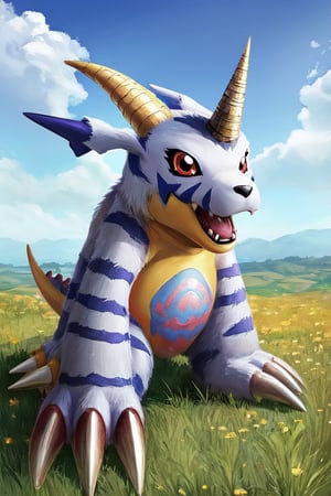 masterpiece, best quality, gabumon, solo, digimon \(creature\), red eyes, claws, single horn, closed mouth, meadow background, blue sky  