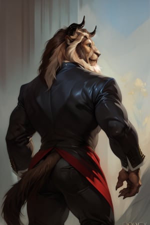(by Darkgem, by Oouna, by honovy, By TheBigSlick, By phinnherz), male, beast (disney), solo, rear view, clothed, clothing, wearing victorian suit, suit, fancy, bottomwear, muscular, horn, tail, lion tail