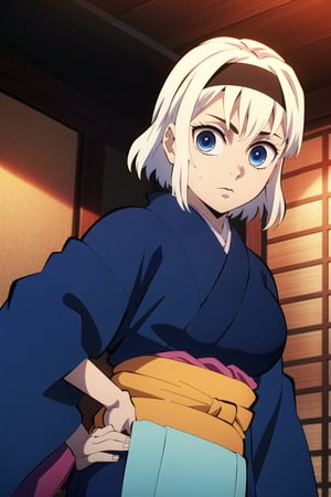 kimetsu no yaiba style, 1girl, solo, japanese clothes, kimono, blue eyes, short hair, white hair, messy hair, upper body, anime coloring, black headband, light, bangs, dark blue kimono, big breast, chest exposed, adult body ,rengoku kyoujurou, looking at viewer, hand on hip