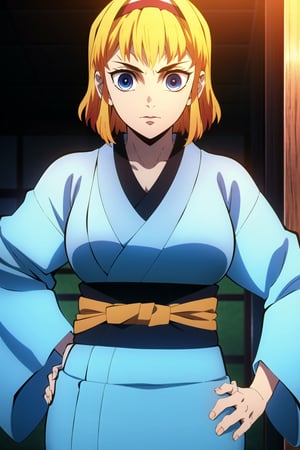 kimetsu no yaiba style, 1girl, solo, japanese clothes, kimono, blue eyes, short hair, white hair, messy hair, upper body, anime coloring, black headband, light, bangs, dark blue kimono, big breast, chest exposed, adult body ,rengoku kyoujurou, looking at viewer, hand on hip