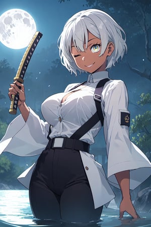 Masterpiece, best quality, white hair, brown skin, , black headband, black pants, white sleeves, chest exposed, holding a katana, smile, white hair, short hair bangs, black shirt , buttons, demon slayer uniform, shinobu(Demon slayer), , dark skin, brown skinned girl, (demon slayer), big breast, standing, looking at viewer, laying down, glowing water, river, fullmoon,  eyes closed