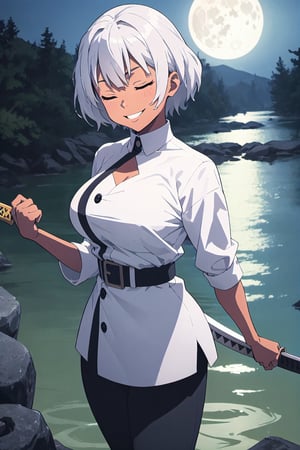 Masterpiece, best quality, white hair, brown skin, , black headband, black pants, white sleeves, chest exposed, holding a katana, smile, white hair, short hair bangs, black shirt , buttons, demon slayer uniform, shinobu(Demon slayer), , dark skin, brown skinned girl, (demon slayer), big breast, standing, looking at viewer, laying down, glowing water, river, fullmoon,  eyes closed