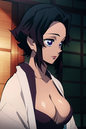 kimetsu no yaiba style, 1girl, solo, ((kimestu no yaiba)), long hair, white hair, messy hair, upper body, anime coloring, big breast, chest exposed, adult body, short hair, dark skin, brown skinned, kimono, traditional Japanese clothing, blue kimono, brown skin, dark skin, attractive, adult, kochou shinobu, bangs,