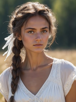 best quality, ultra detailed, 8k, solo female, mixed slavic-gypsy, messy hair, outdoors, sunshine, tanned skin, upper body, standing, closeup, proud, mixed slavic-gypsy white based outfit, beautiful, modest, plain, 