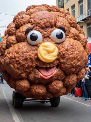 photo r3al, generate a parade of huge walking meatballs on the street as you imagine, warm lighting, masterpiece, best quality,