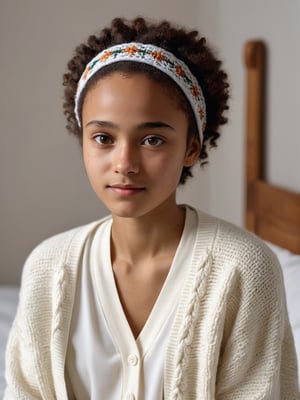 best quality, ultra detailed, 8k, solo female, (slavic-african), wearing white based cardigan with ethnic and traditional theme, sitting on bed, bedroom, (mulatto), upper body, standing, closeup, modest, plain, simple beauty, closed mouth, moody light, shy smile, detailed face, detailed eyes, hairband