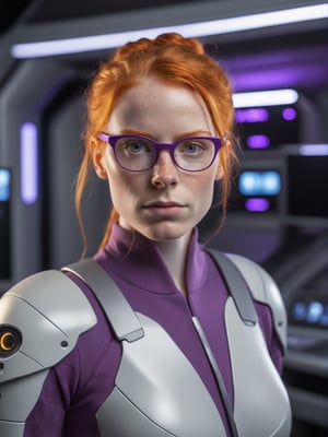 photo r3al, photorealistic, masterpiece, hyperdetailed photography of a beautiful cute ginger nerdy woman, best quality, 8k UHD, 8k, ultra quality, ultra detailed, closed mouth, smirking, warm lighting, daylight, soft lighting, (closeup), looking_at_viewer, glasses, (gray suit), purple hood, buns, smooth face, monitors in background, spaceship interior, facing viewer, 
