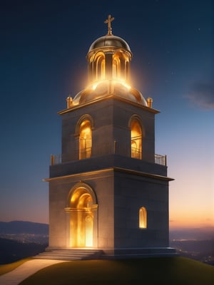 photo r3al, photorealistic, masterpiece, hyperdetailed photography, quartz bell tower on the hill with gold glowing bell inside, best quality, 8k, ultra quality, ultra detailed, late evening, closeup