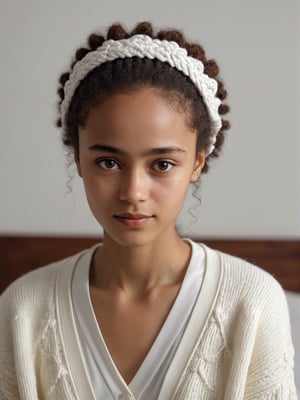 best quality, ultra detailed, 8k, solo female, (slavic-african), wearing white based cardigan with ethnic and traditional theme, sitting on bed, bedroom, (mulatto), upper body, standing, closeup, modest, plain, simple beauty, closed mouth, moody light, shy smile, detailed face, detailed eyes, hairband