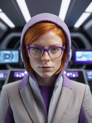 photo r3al, photorealistic, masterpiece, hyperdetailed photography of a beautiful cute ginger nerdy woman, best quality, 8k UHD, 8k, ultra quality, ultra detailed, closed mouth, smirking, warm lighting, daylight, soft lighting, (closeup), looking_at_viewer, glasses, (gray suit), purple hood, ((short hair)), smooth face, monitors in background, spaceship interior, facing viewer, 