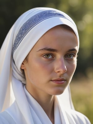best quality, ultra detailed, 8k, solo female, (slavic-jewish), traditional headscarf, outdoors, sunshine, tanned skin, upper body, standing, closeup, simple white-based robe with traditional orthodox pattern, modest, plain, simple beauty, closed mouth