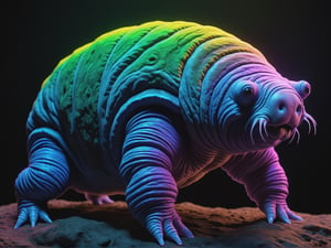 best quality, masterpiece, 8k, ultra detailed, ultra realistic, toxic rainbow tardigrade in blacklight, cinematic, Movie Still, high resolution, hyperrealistic photography, photorealistic, professional photography