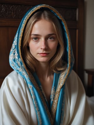 best quality, ultra detailed, 8k, solo female, (russian-jewish), wearing traditional outfit with decorated hood, dark blonde, sitting on bed, bedroom, tanned skin, upper body, standing, closeup, simple robe with traditional slavic and orthodox theme, modest, plain, simple beauty, closed mouth, moody light, shy smile