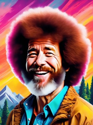 Bob Ross portrait, pine trees, mountains, landscape art, Leonardo Style, Bold, Digital Painting, Edgy, Colorful, 8K UHD, Intricate Details, sunshine, happy lighting, hyper-realistic details, with digital painting techniques, trending on Artstation, cinematic lighting, psychedelic, psy art, realistic hair, detailed hair, upper body, psychedelic, 