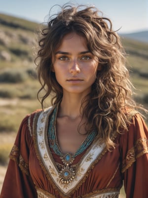 best quality, ultra detailed, 8k, solo female, gypsy, messy hair, outdoors, sunshine, tanned skin, upper body, standing, closeup, proud, traditional gypsy suit, beautiful